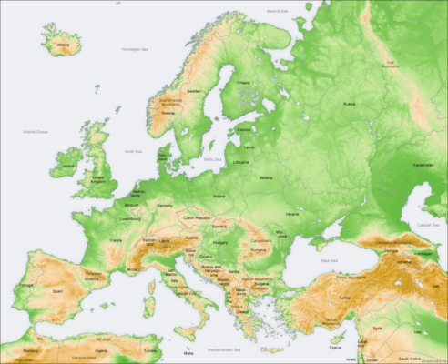 Физическая карта Зарубежной Европы